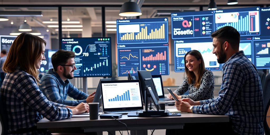 Profissionais de marketing digital em ambiente moderno.