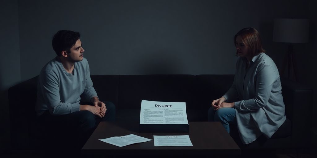 Couple in conflict over divorce papers on a table.