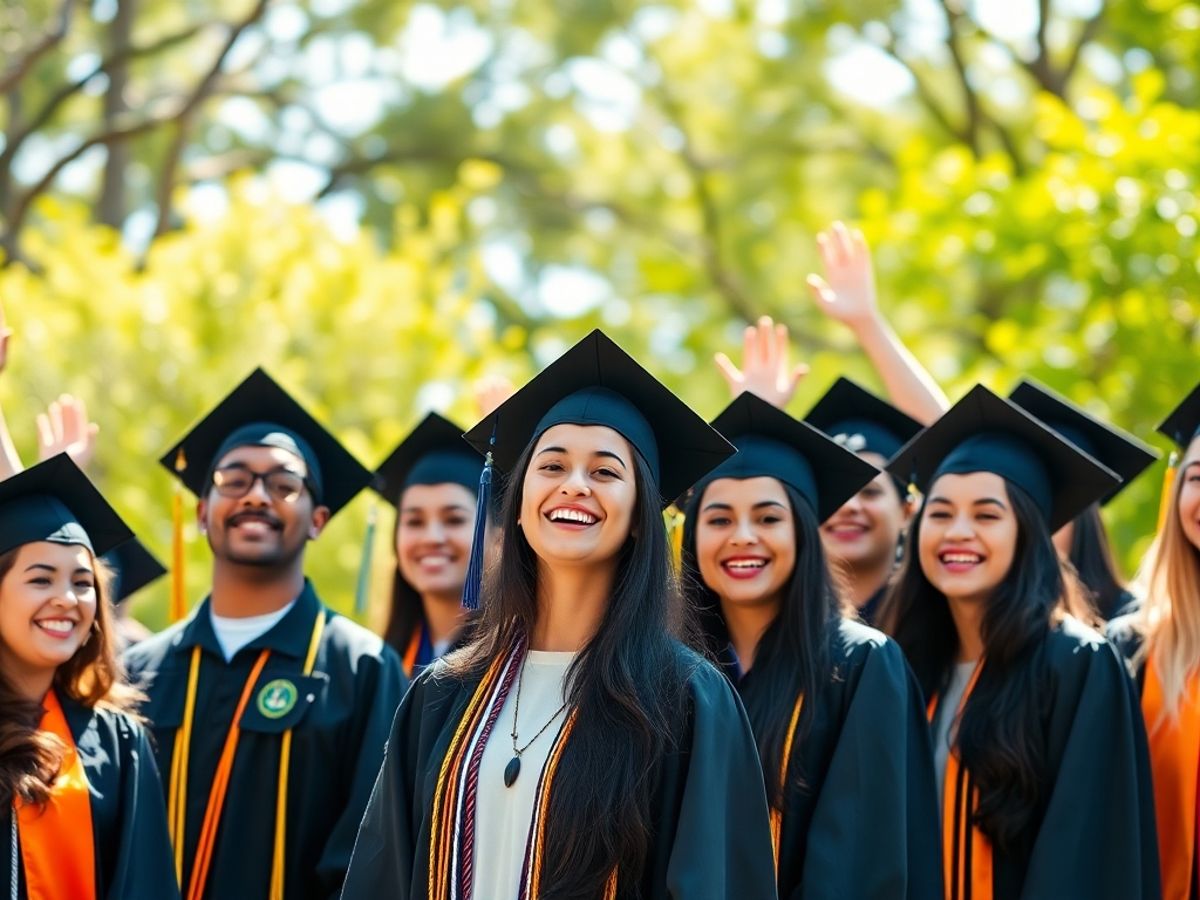 Diverse Latino students celebrating graduation outdoors.