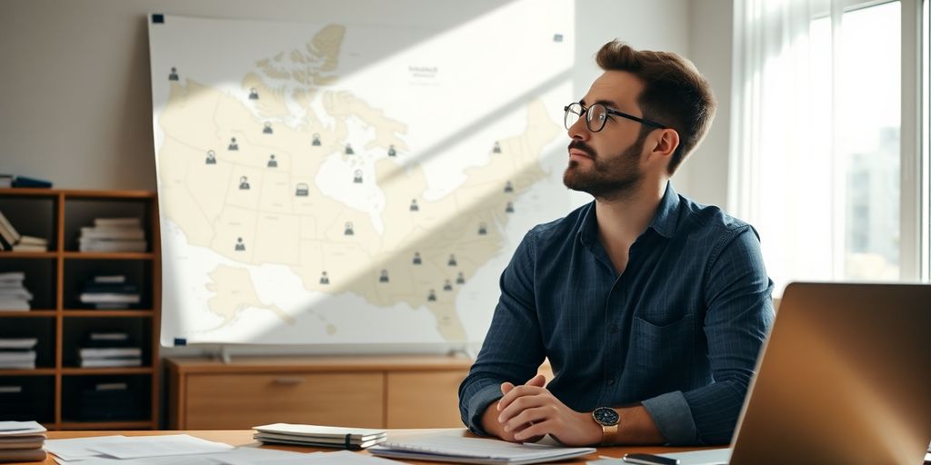 Canadiense planeando un negocio nuevo en un mapa.