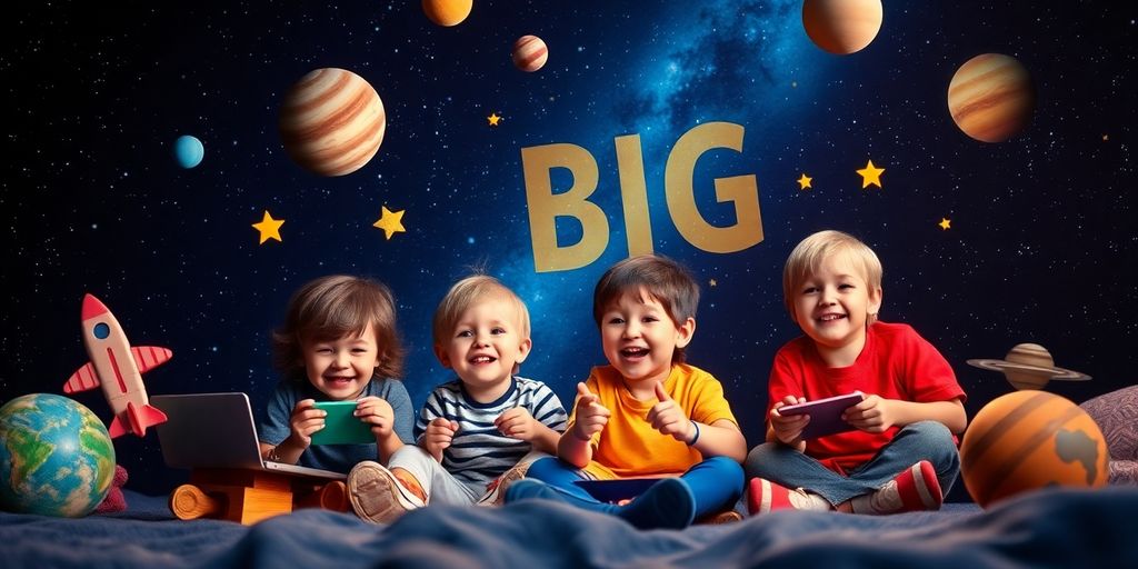 Children exploring outer space with imaginative toys and smiles.