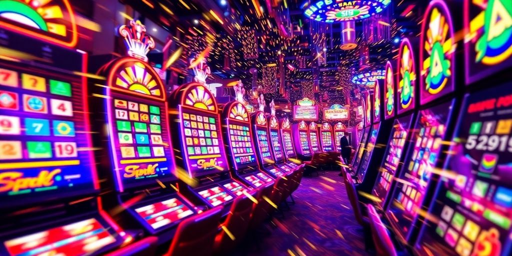 Slot machine reels spinning rapidly with a burst of colorful lights.