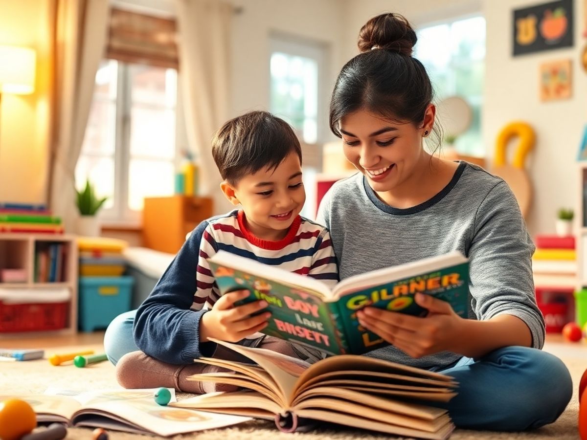 Părinte și copil citind împreună acasă.