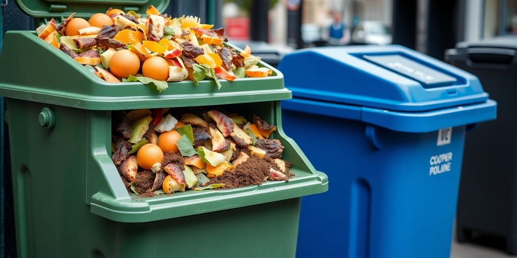 Green compost bin overflowing with organic kitchen scraps.