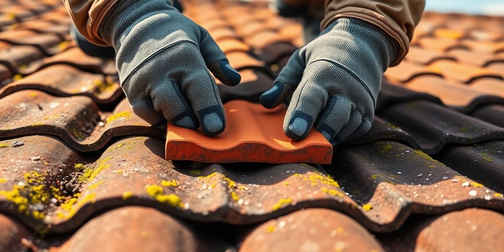 Dakdekker repareert dakpan op hellend dak.
