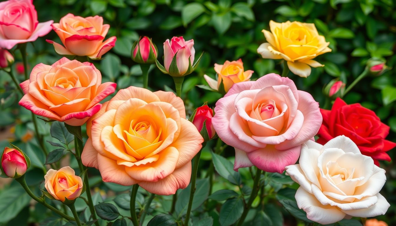 Illustrative image of colorful roses in a garden.