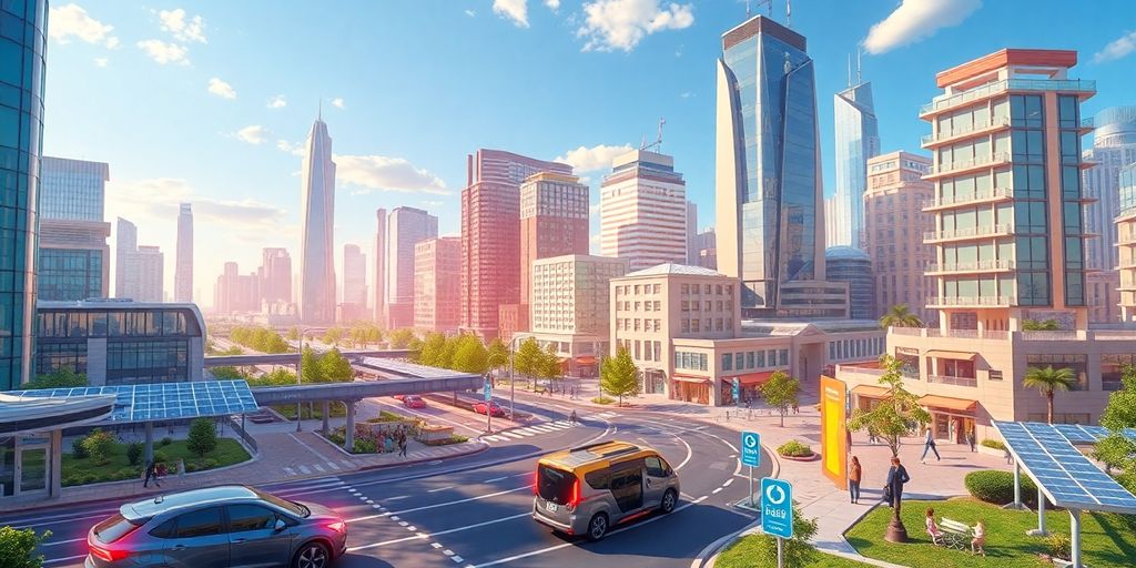 Futuristic cityscape with smart technology and green spaces.