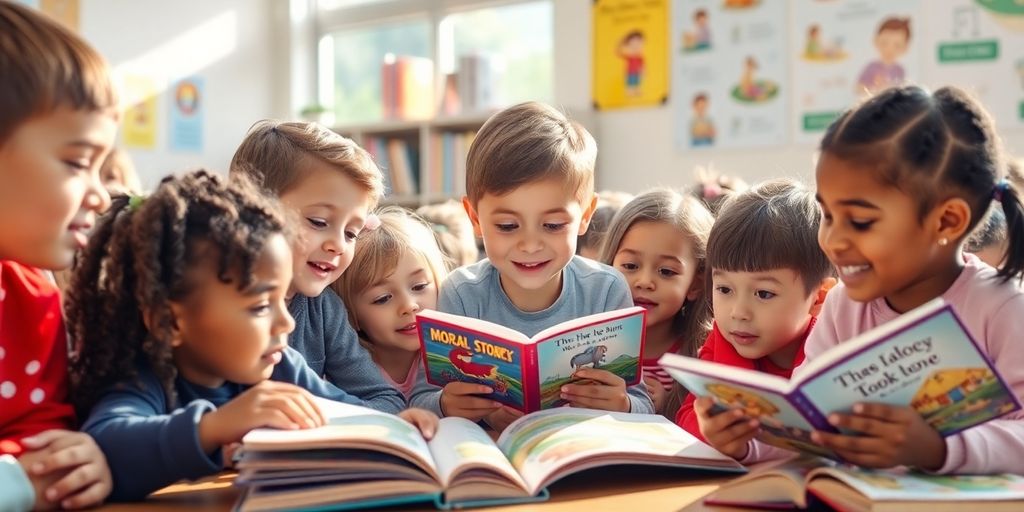 Children reading engaging moral stories in a bright classroom.