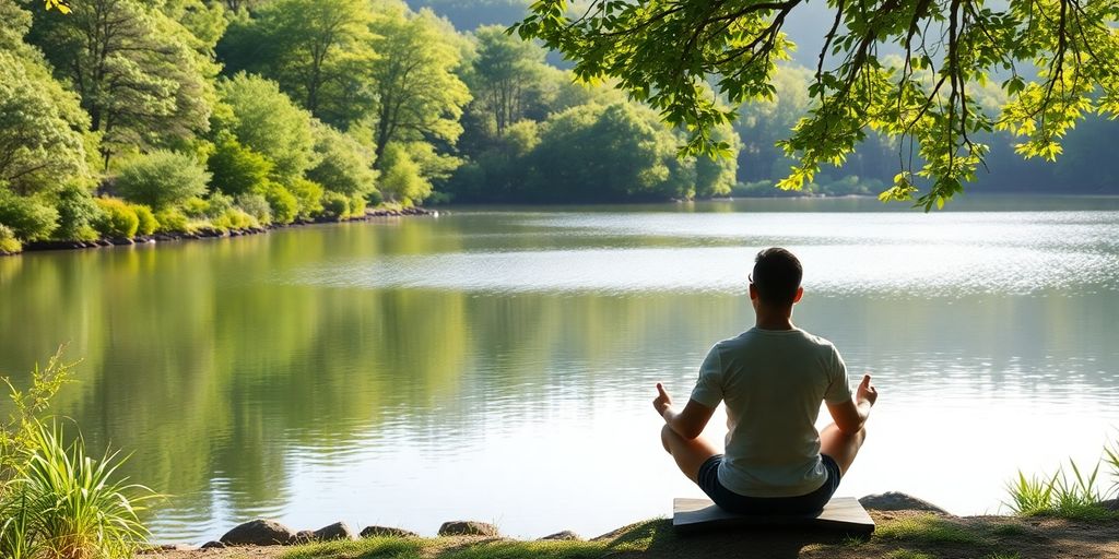 Person meditating by a peaceful lake in nature.