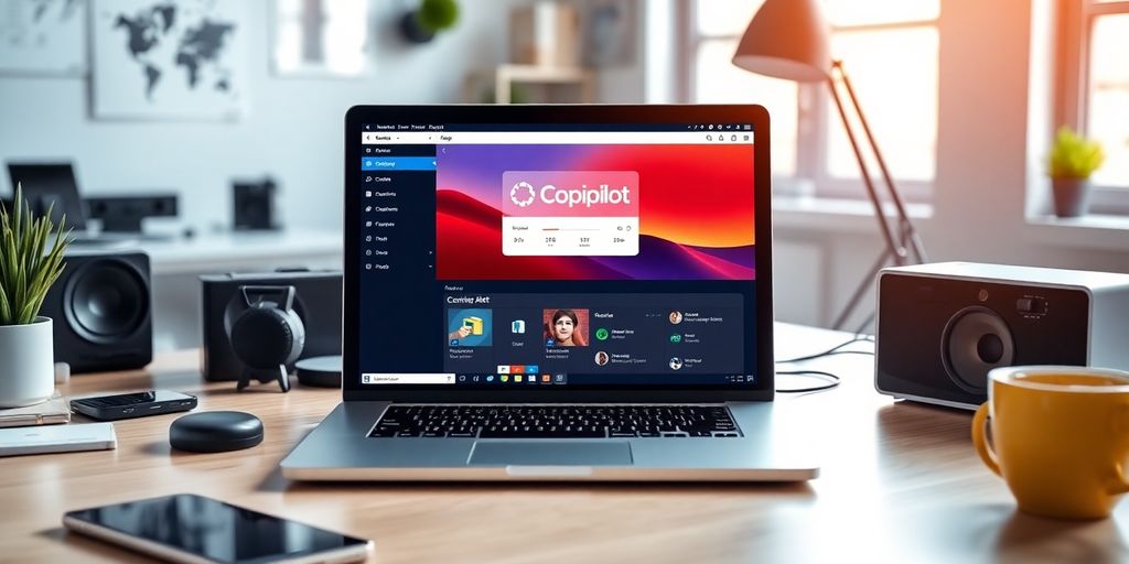 Microsoft Copilot IA: Inovação em Inteligência Artificial Laptop com interface do Microsoft Copilot em um escritório moderno.