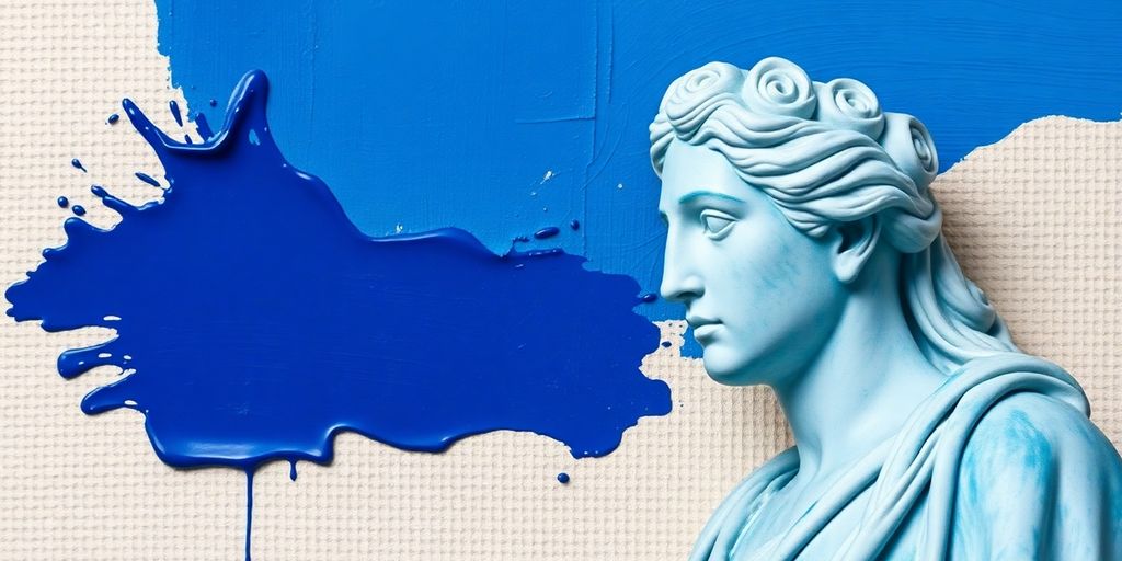 Artistic blue hues, ancient to modern.