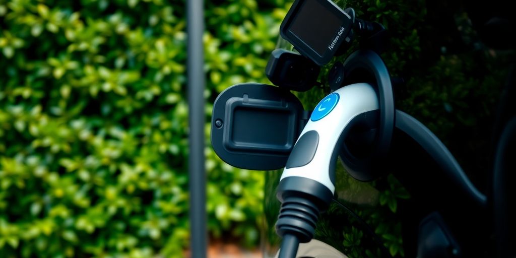 Electric vehicle charging at a station in a green setting.