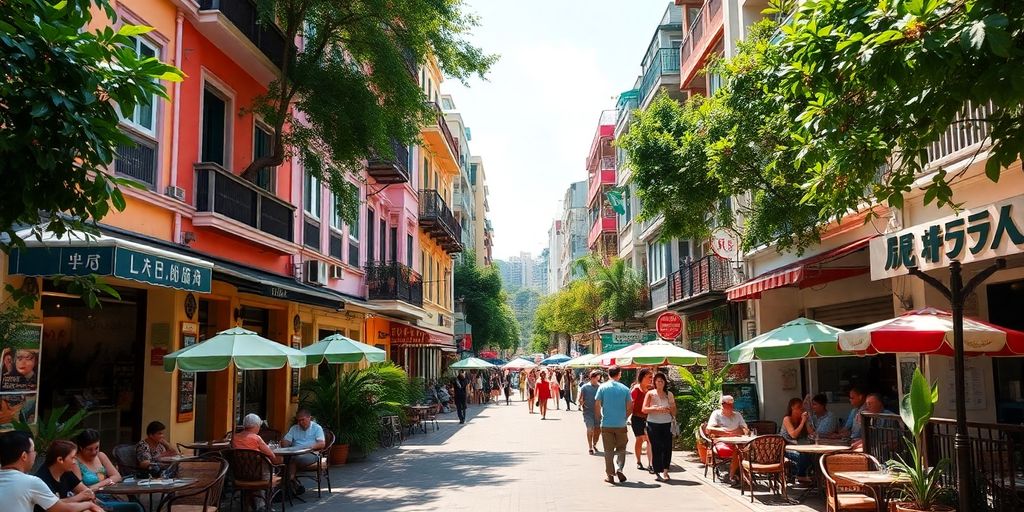 Colourful Kennedy Town street bustling with expats and cafés.