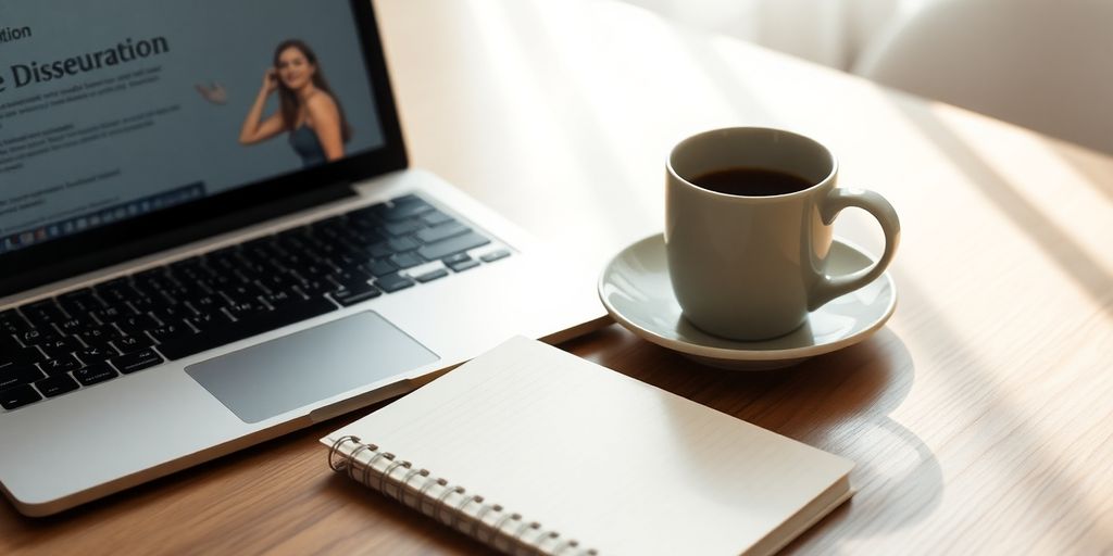 Workspace with laptop, notepad, and coffee cup.