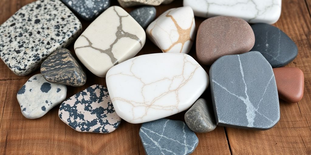 Assorted stones on a wooden surface, showcasing textures and colors.