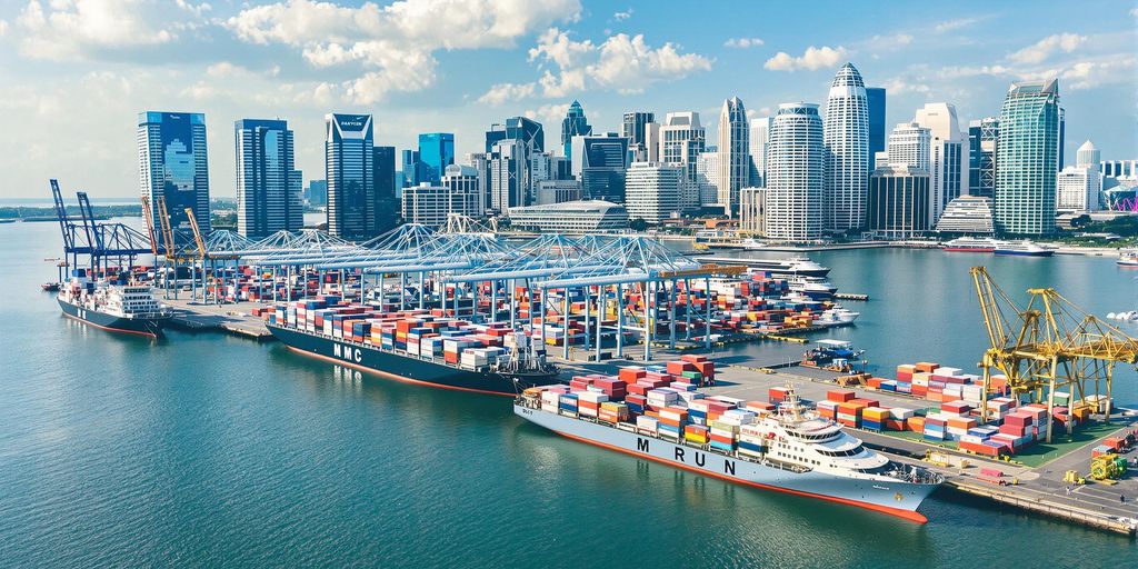 Modern ships and Singapore skyline in vibrant maritime scene.