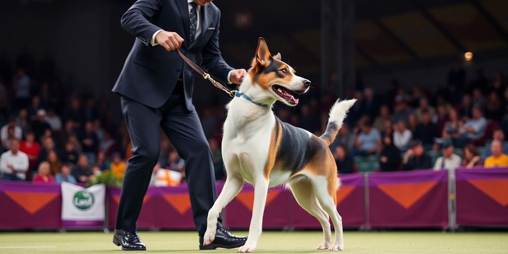 Trained dog competing in a show ring with handler.