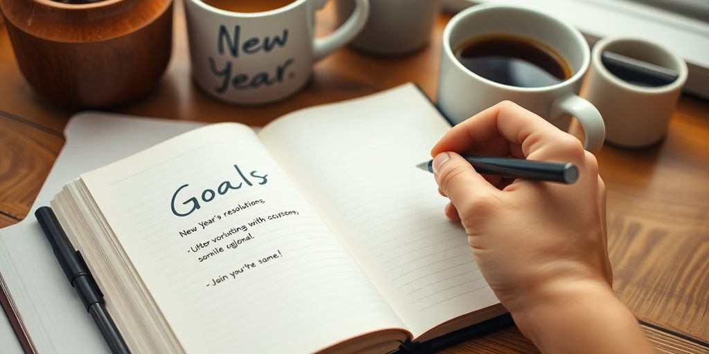 Hand writing goals in a journal with coffee and plant.