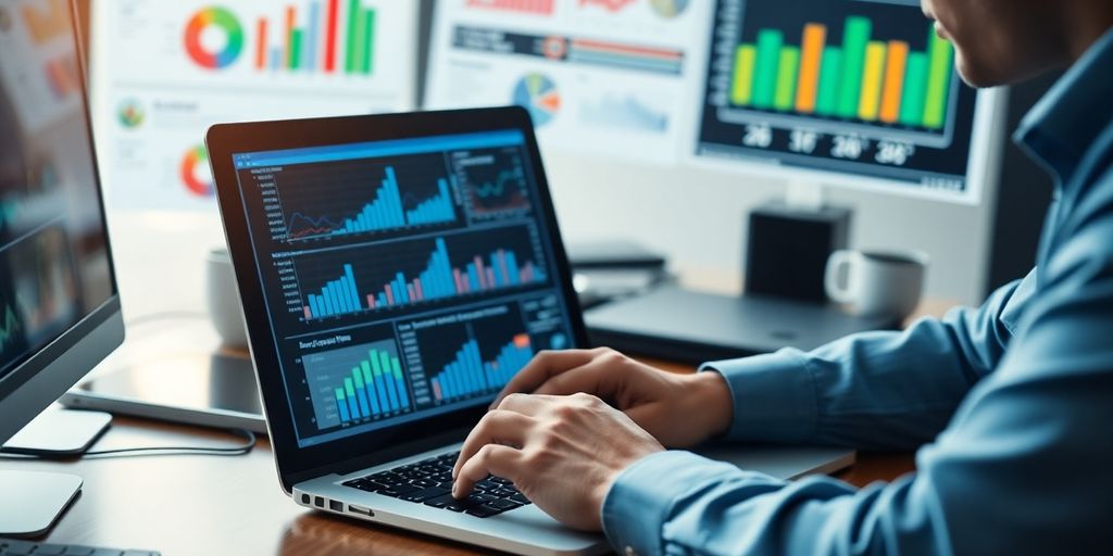 Business professional analyzing data on a laptop in office.