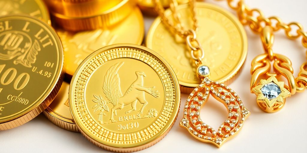 Pièces en or et bijoux en or sur fond neutre.