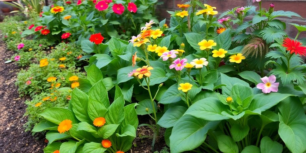 Jardim com hortaliças, flores tropicais e plantas medicinais.