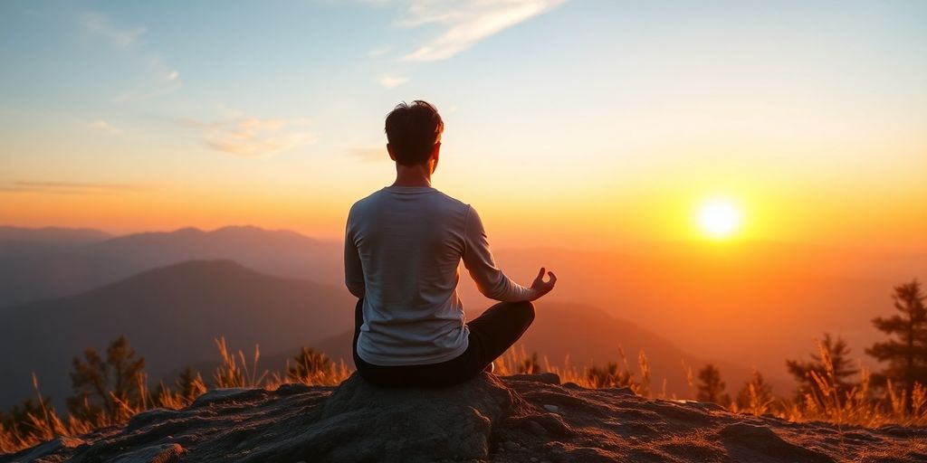 Person meditating at sunrise on a mountain top.