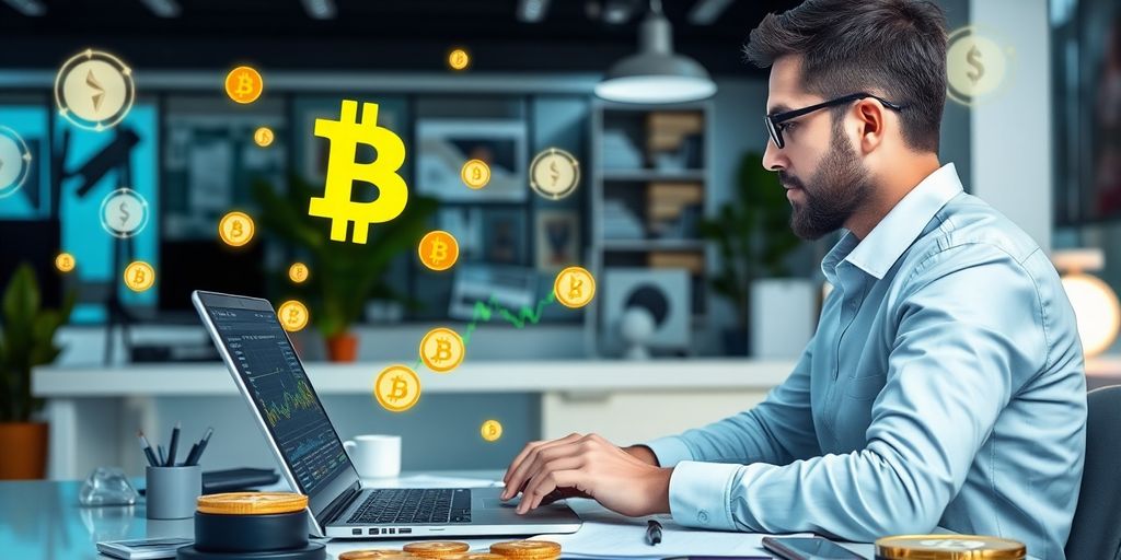 Person analyzing cryptocurrency data on a laptop in workspace.