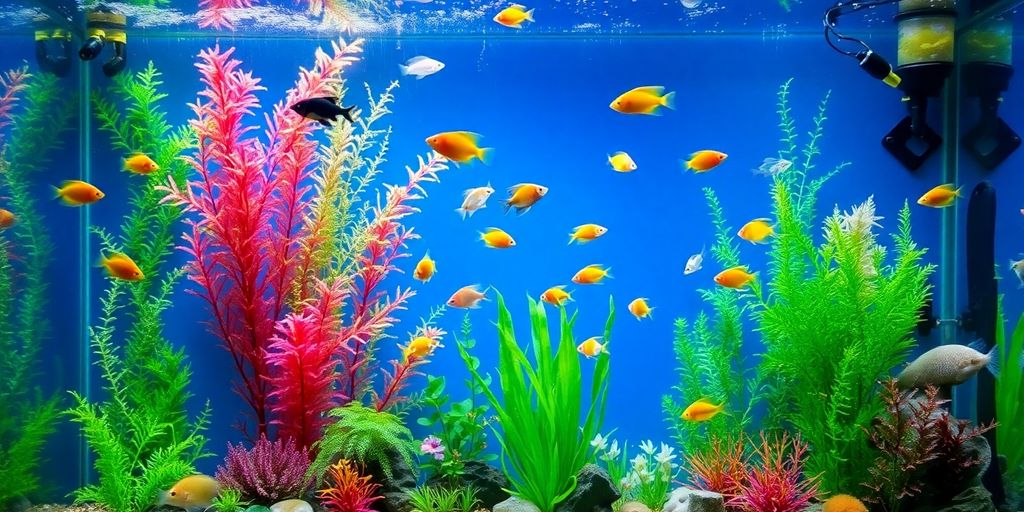 Large fish tank with colorful fish and plants.