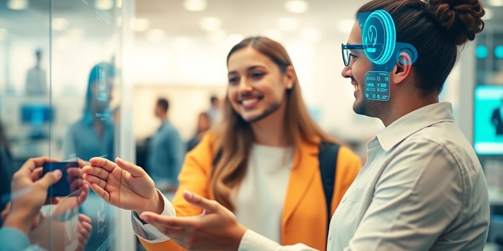 Cliente sonriendo con tecnología avanzada a su alrededor.