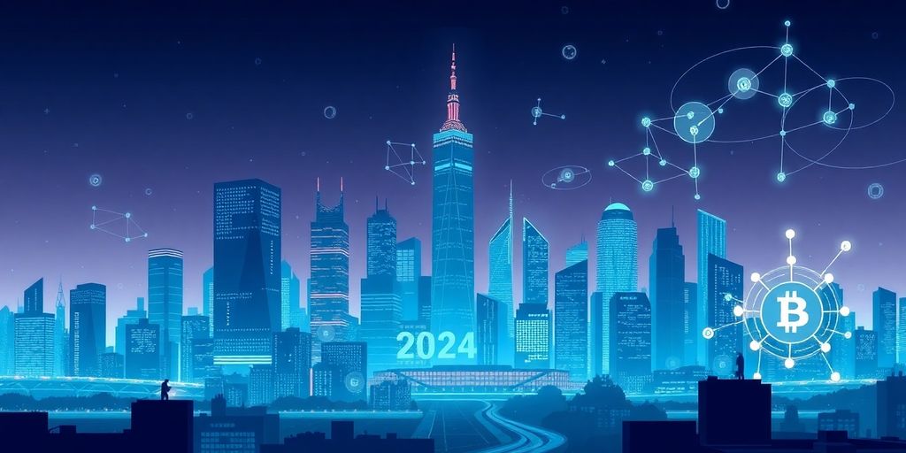 Futuristic city skyline with digital finance elements.