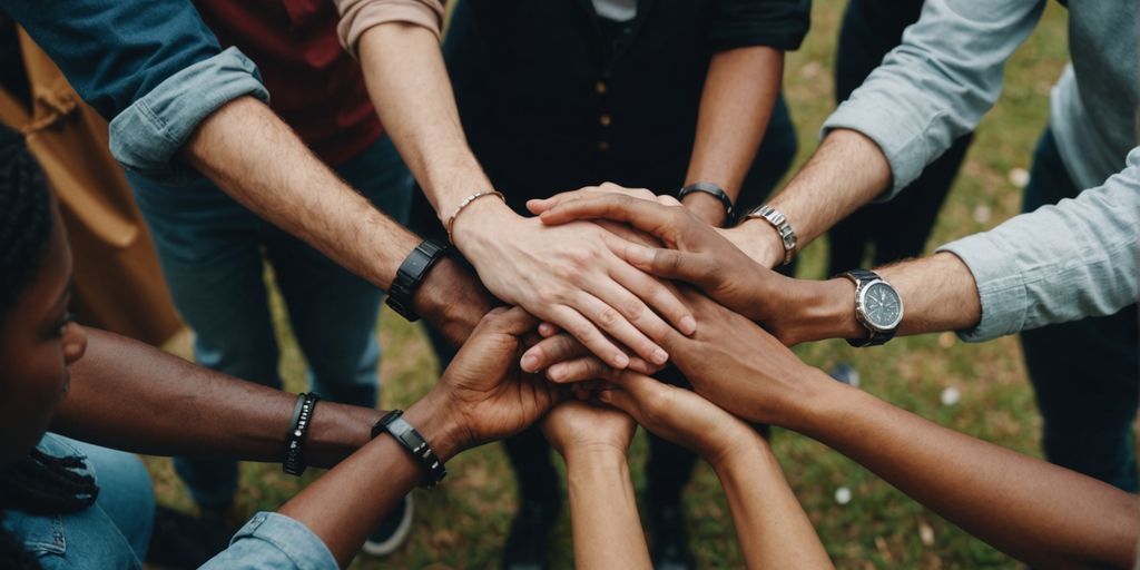 Group of people holding hands in a circle.