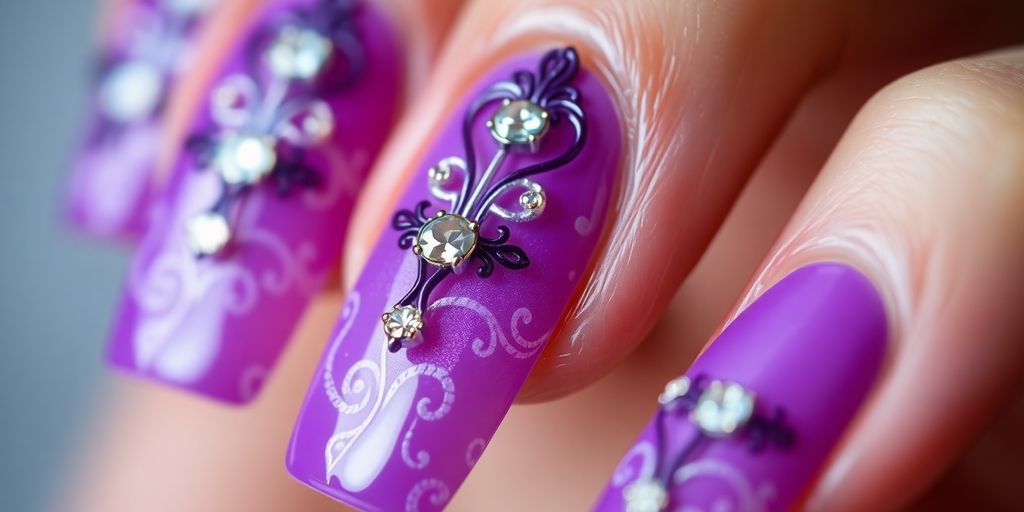 Unhas decoradas em roxo com detalhes sofisticados.