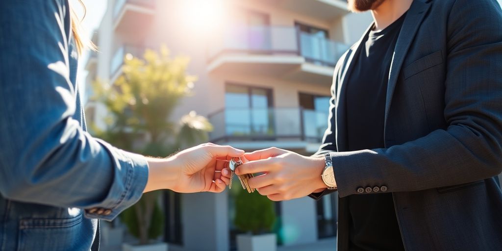 Remise de clés devant un appartement moderne.