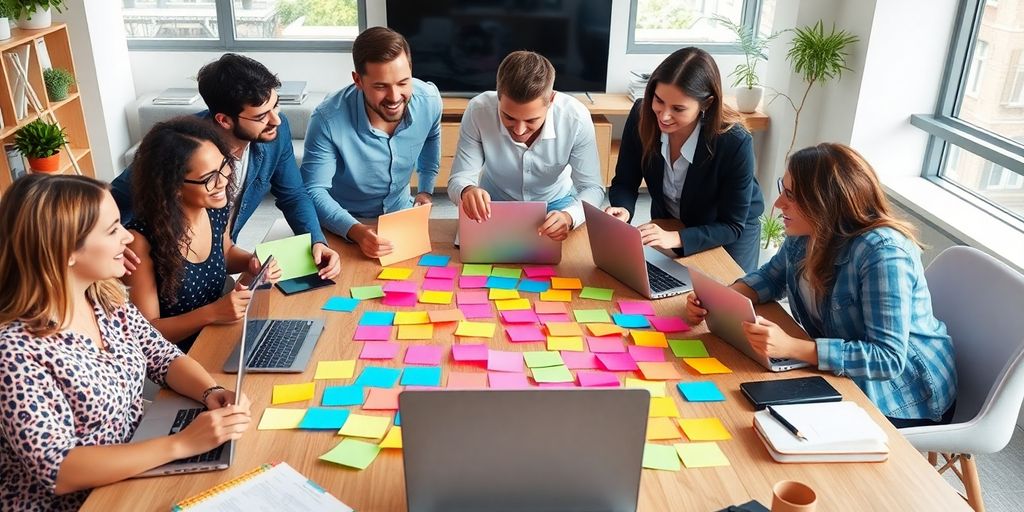 Team collaboration and brainstorming in a creative workspace.