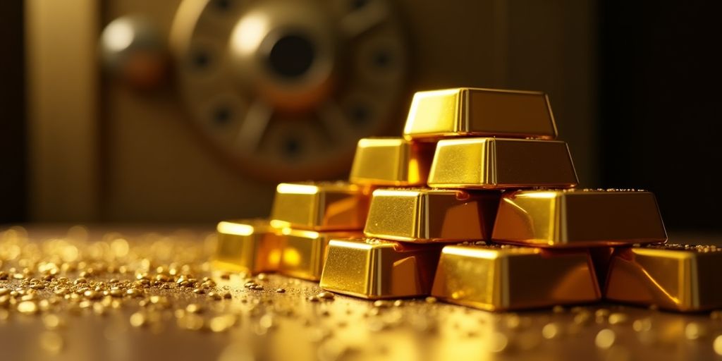 Barres d'or brillantes empilées, évoquant la richesse.