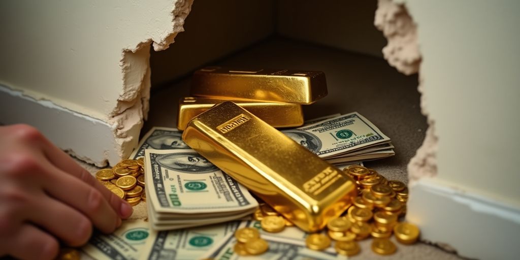 Main tenant une barre d'or et des billets.