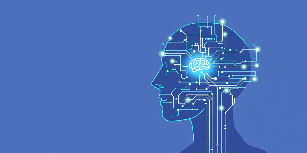 Minimalist robot head, code lines, glowing brain.