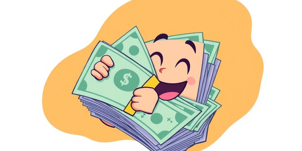 Cartoon hands holding a stack of bills and coins.