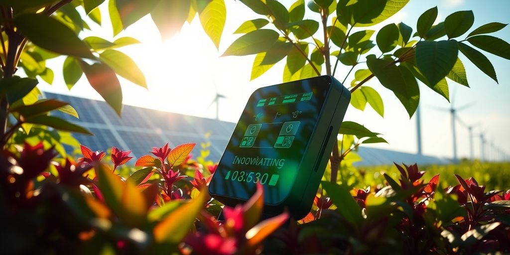 Green technology device amid lush plants and sunlight.