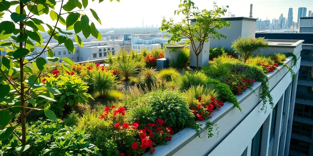 Telhado verde com plantas e flores coloridas.