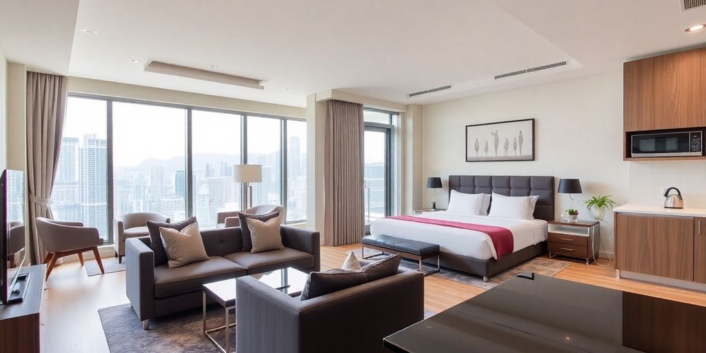 Modern serviced apartment interior in Hong Kong for expats.