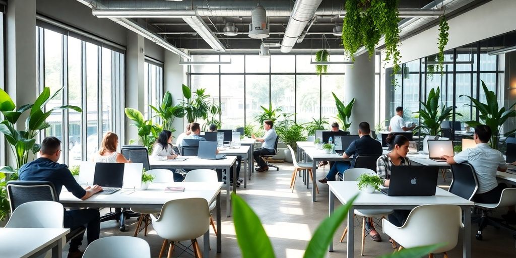 Bright coworking space with modern furniture and greenery.