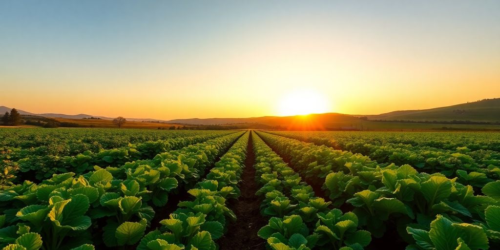 Câmp agricol ecologic, luxuriant, sub un soare strălucitor.