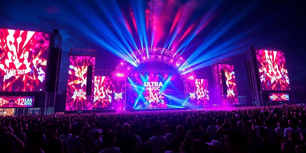 Crowd enjoying vibrant stages at Ultra Music Miami 2025.
