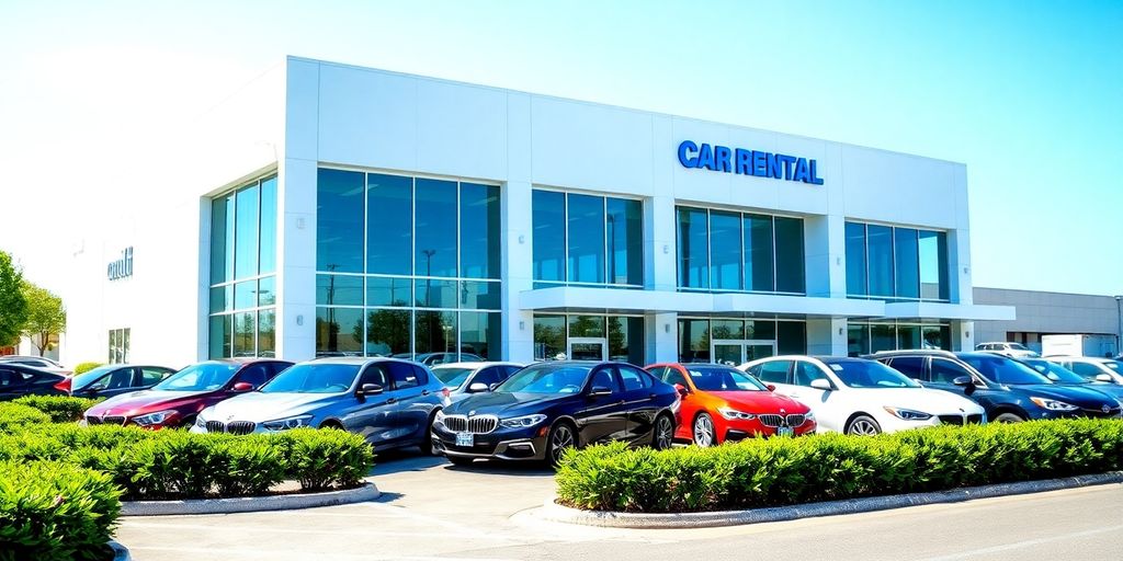 Cars parked next to a car rental office.