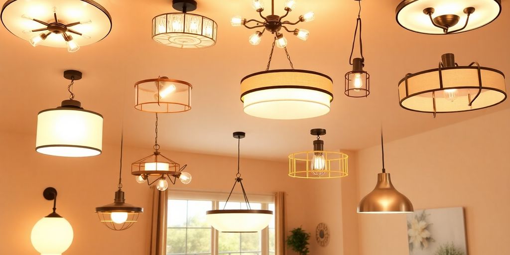 Menards ceiling light fixtures glowing in modern home.
