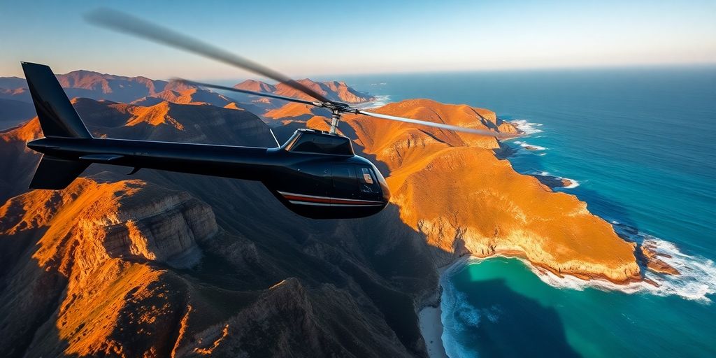 A helicopter flying over the California coast at sunset.