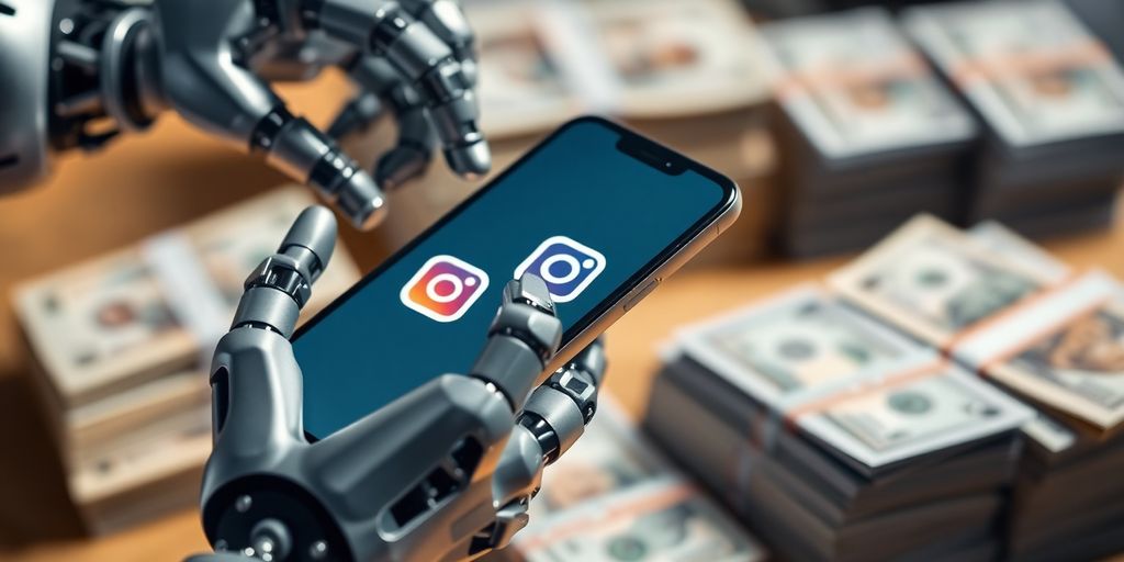 Robotska ruka drži telefon sa Instagram logom, ispred novca.