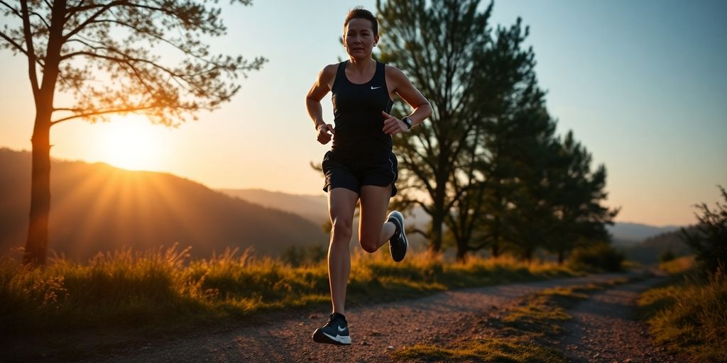 Runner in action on a trail during sunset.