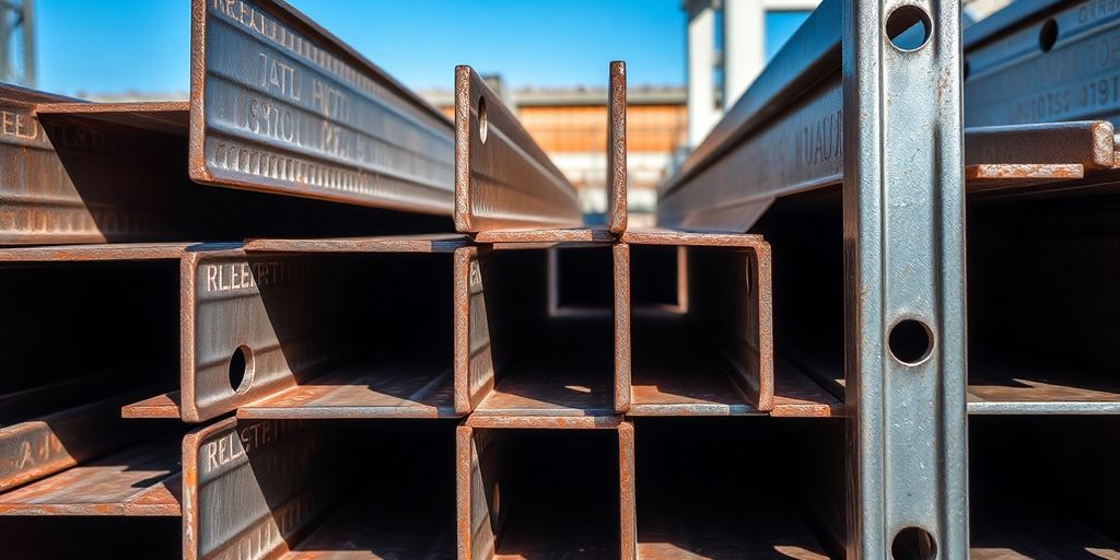 Vigas de acero apiladas en un sitio de construcción.